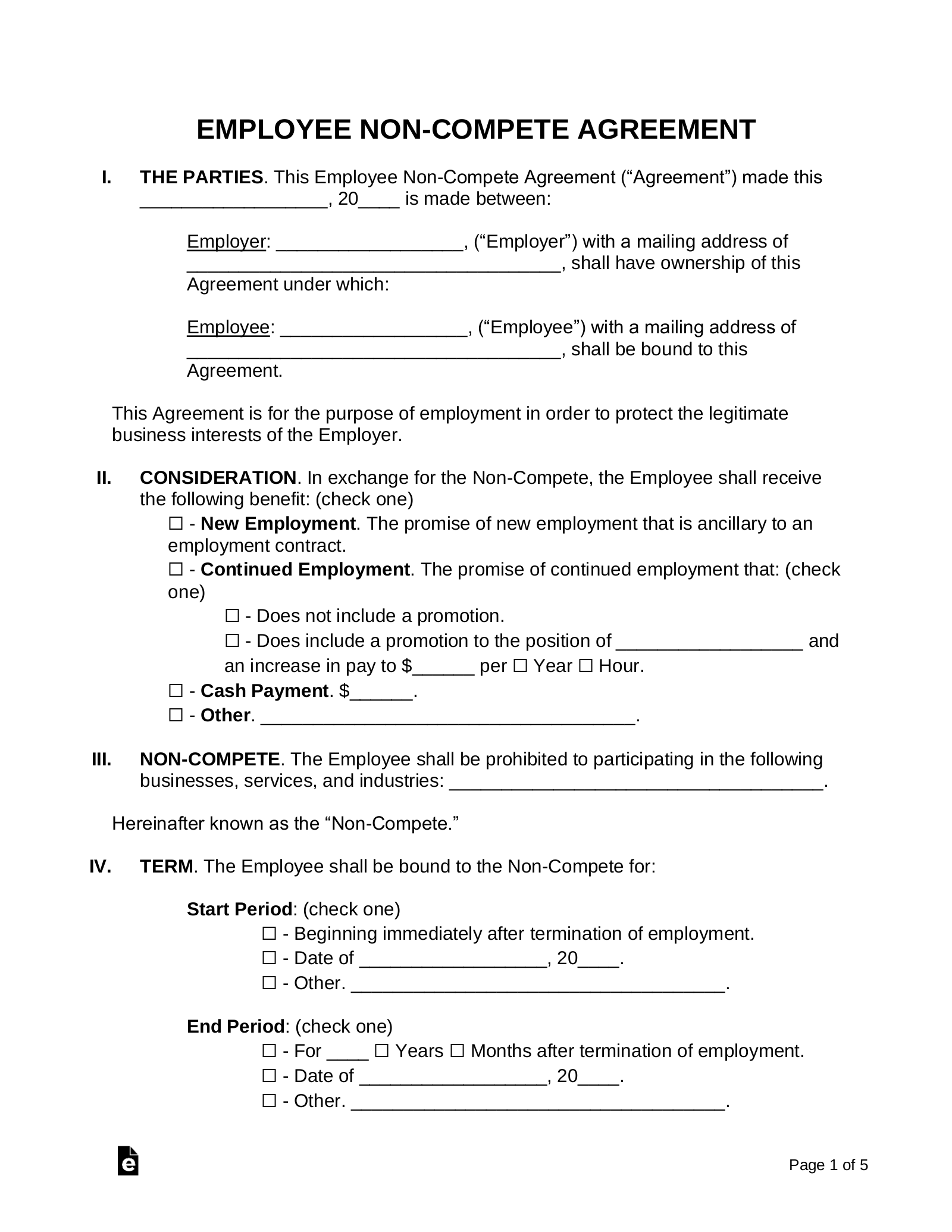 Free Employee Non Compete Agreement Template PDF Word EForms