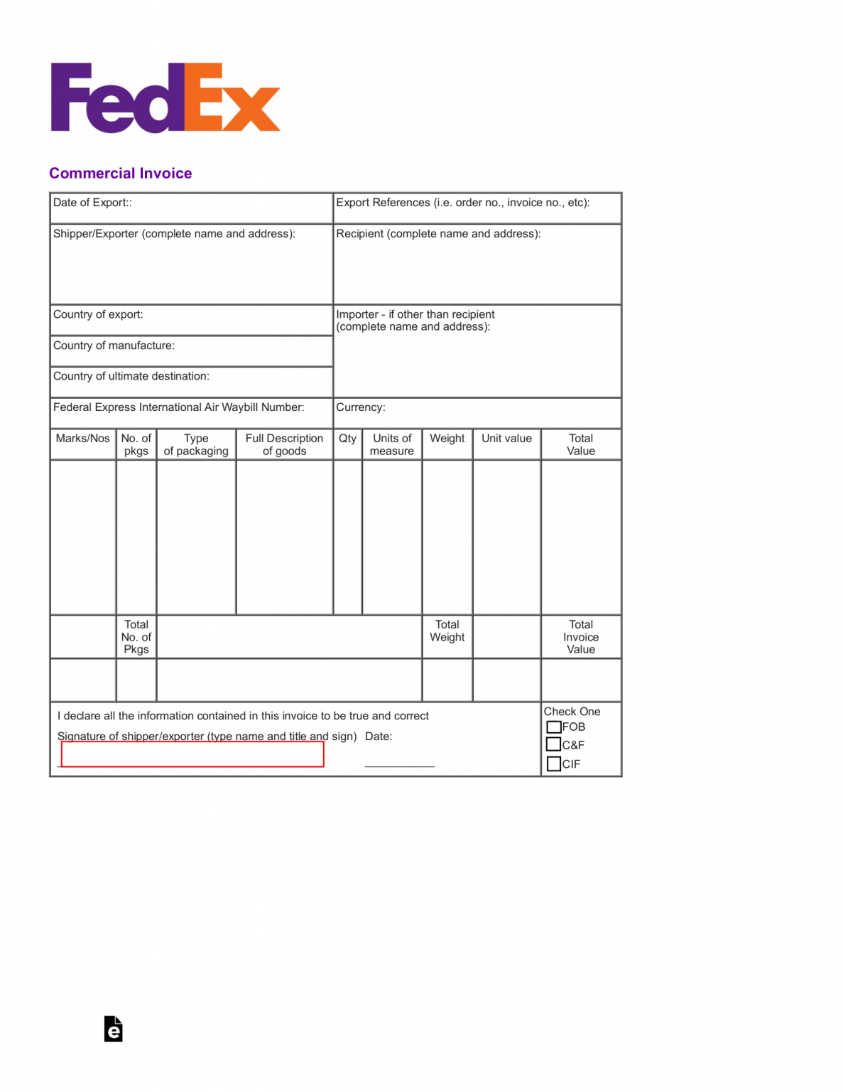 fedex commercial invoice template excel