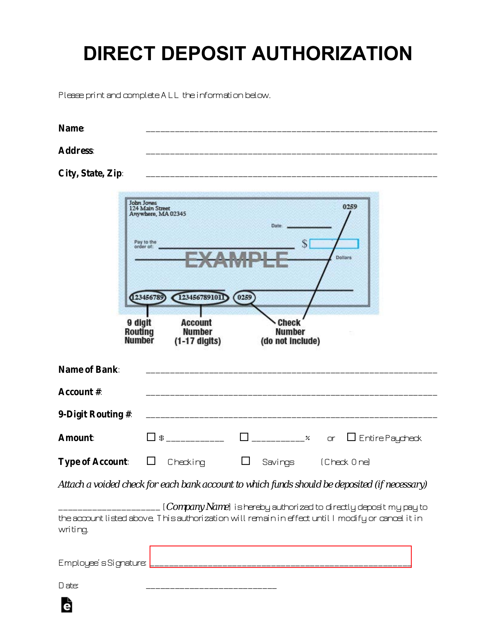 Free Printable Printable Direct Deposit Authorization Form Template