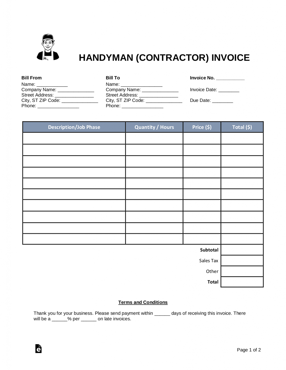 Free Handyman (Contractor) Invoice Template - PDF | Word – eForms