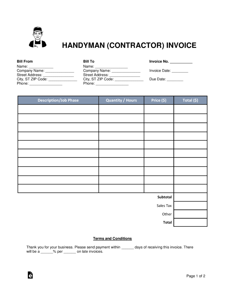 Free Handyman (Contractor) Invoice Template Word PDF eForms