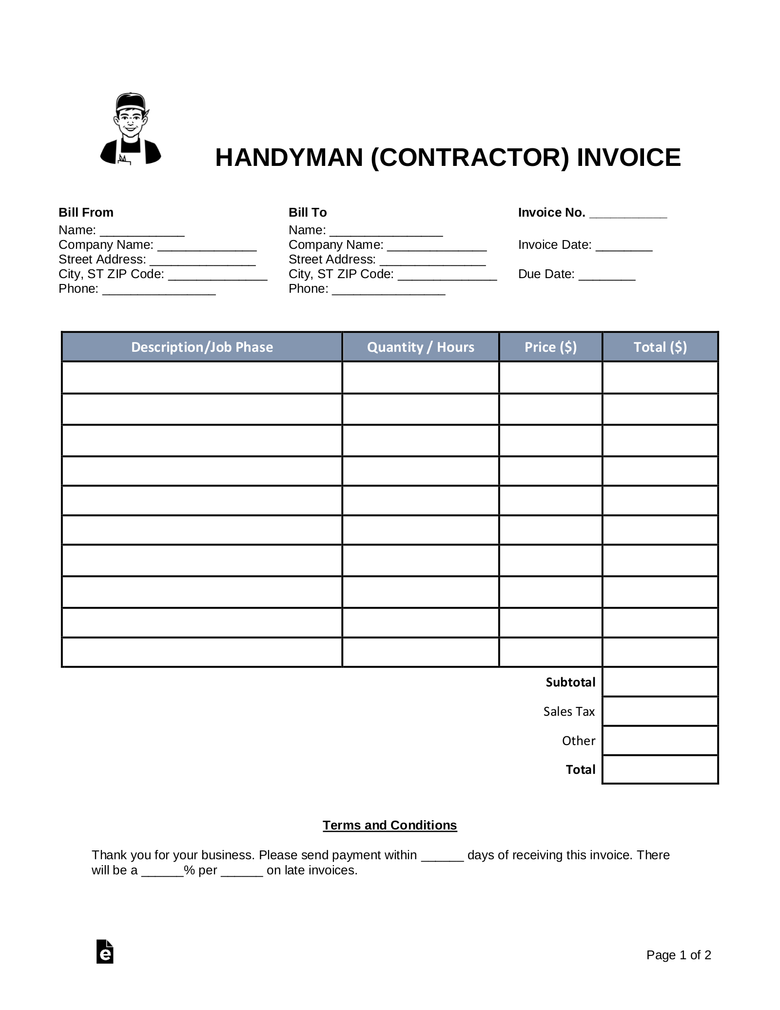 Free Handyman (Contractor) Invoice Template PDF Word eForms