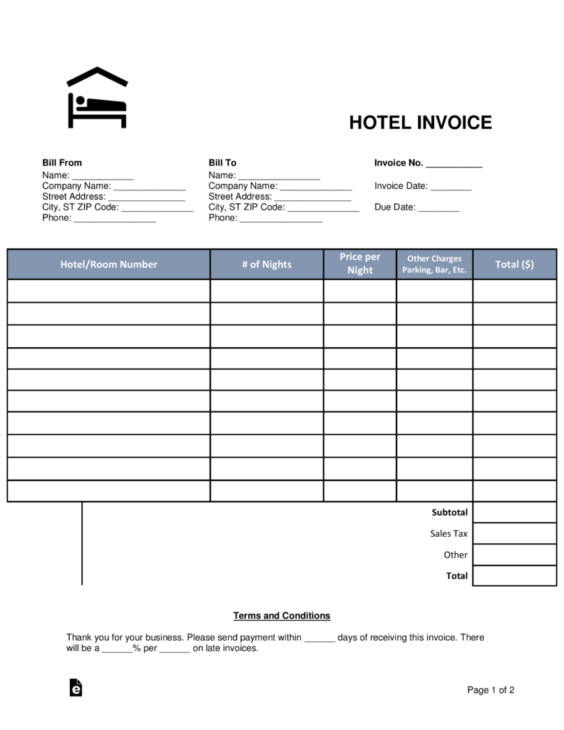 invoice hotel form excel