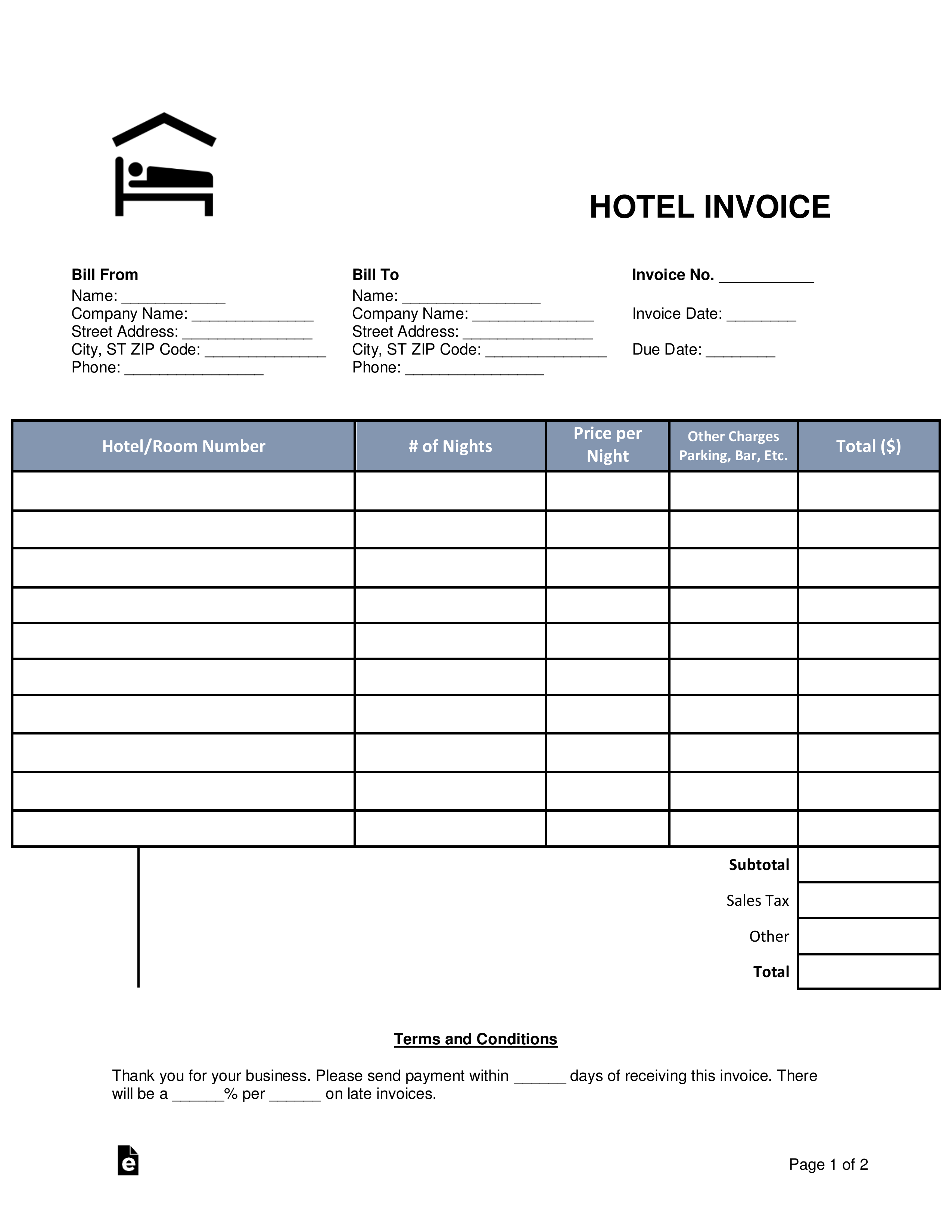 Free Hotel Invoice Receipt Template Word Pdf Eforms