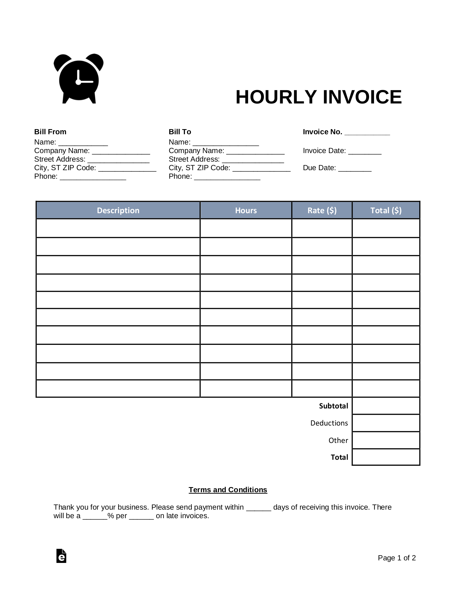 Free Hourly Invoice Template PDF Word EForms