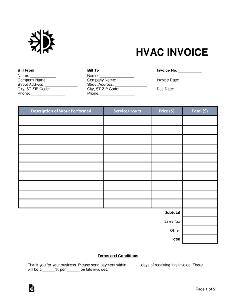 Free HVAC Invoice Template Word PDF eForms