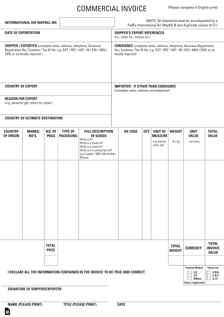 template commercial invoice