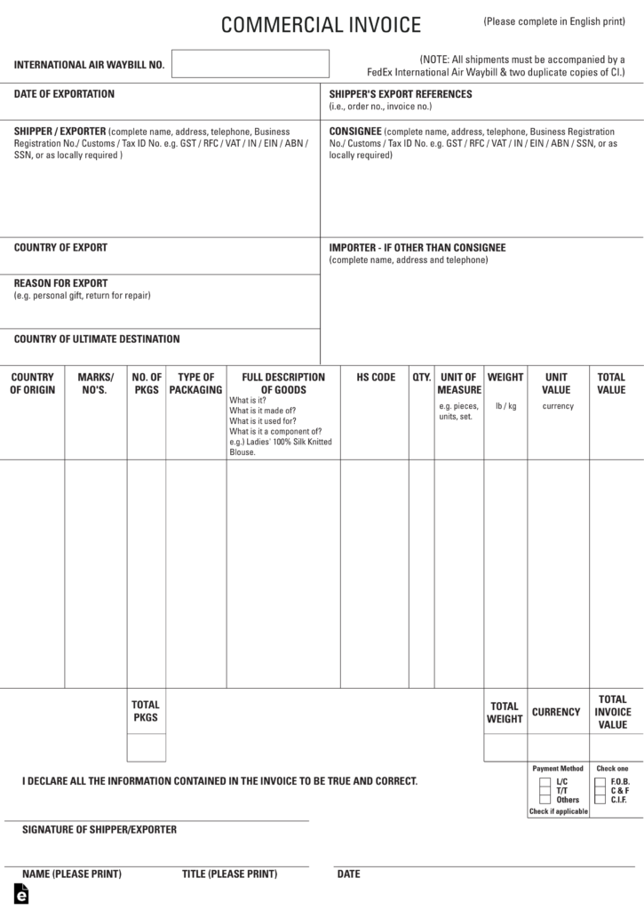 ups commercial invoice template