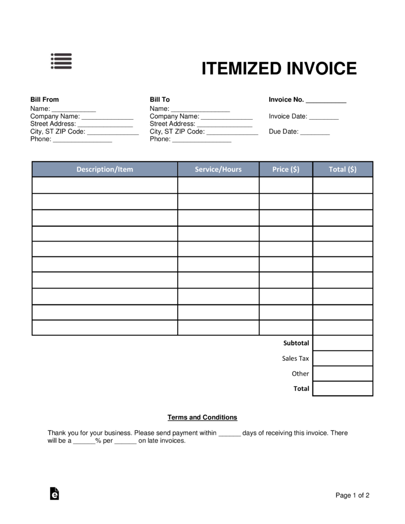 itemized invoice template
 Free Itemized Invoice Template - Word | PDF | eForms – Free Fillable ...