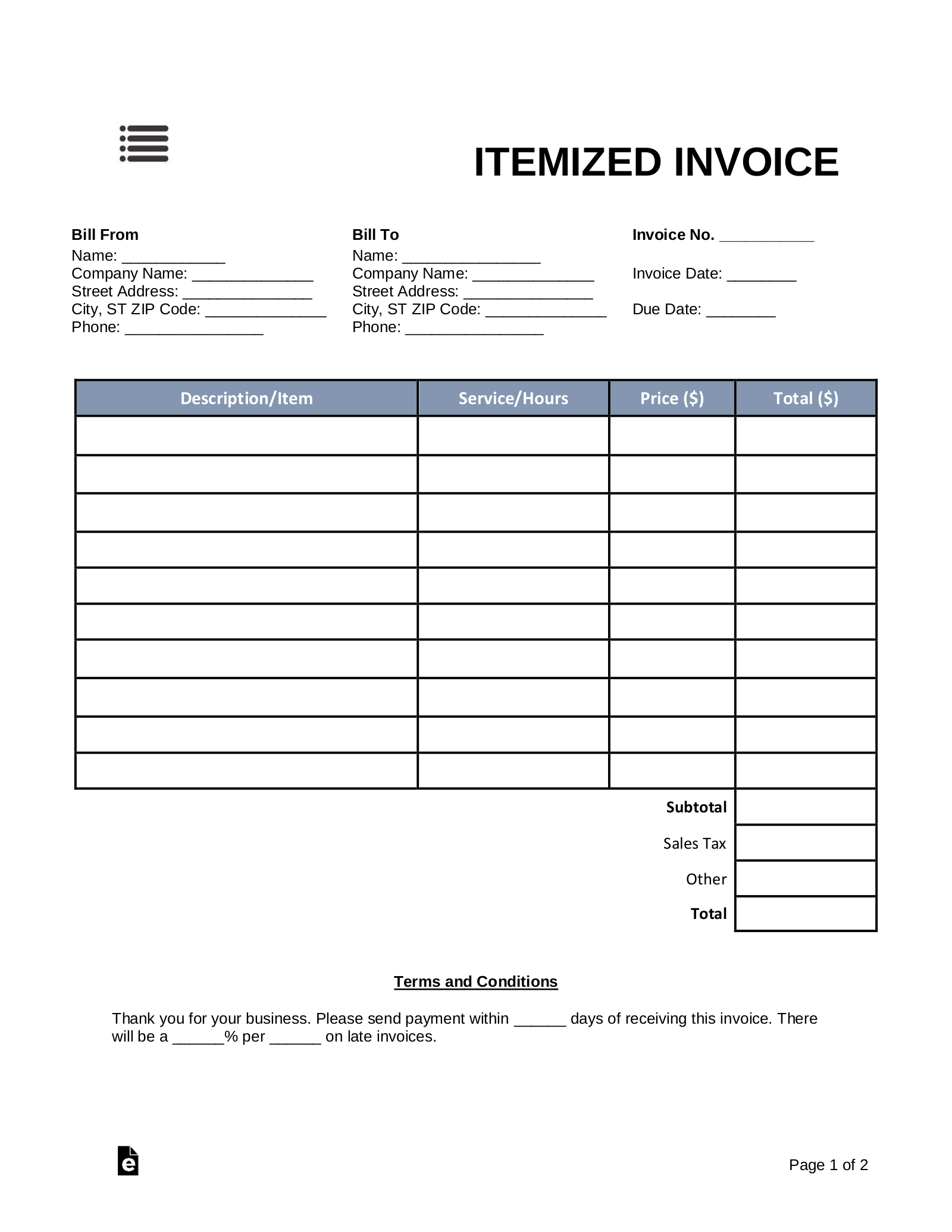Free Itemized Invoice Template Word PDF eForms