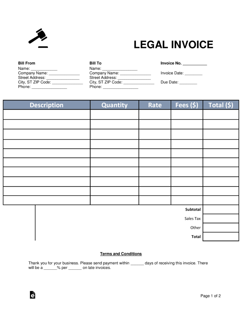 Free Lawyer/Attorney Legal Invoice Template Word PDF eForms