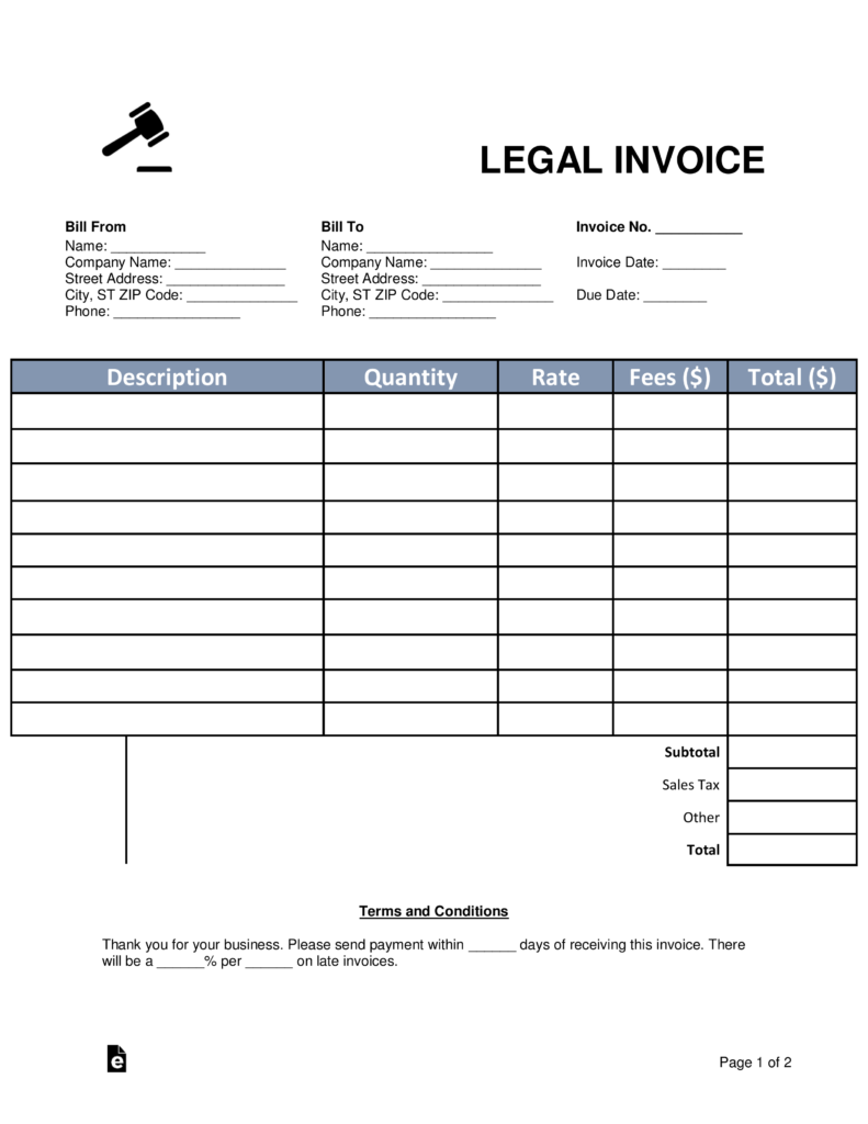 Free Lawyer/Attorney Legal Invoice Template PDF Word eForms