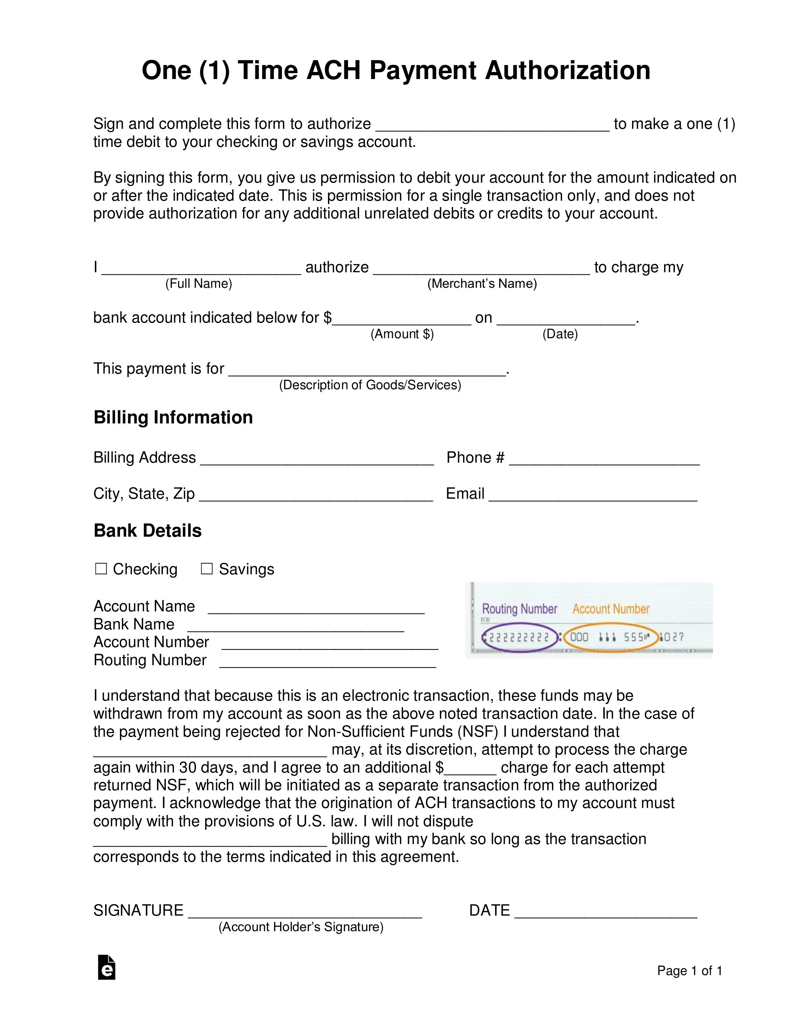 Free One (1) Time ACH Payment Authorization Form PDF Word eForms