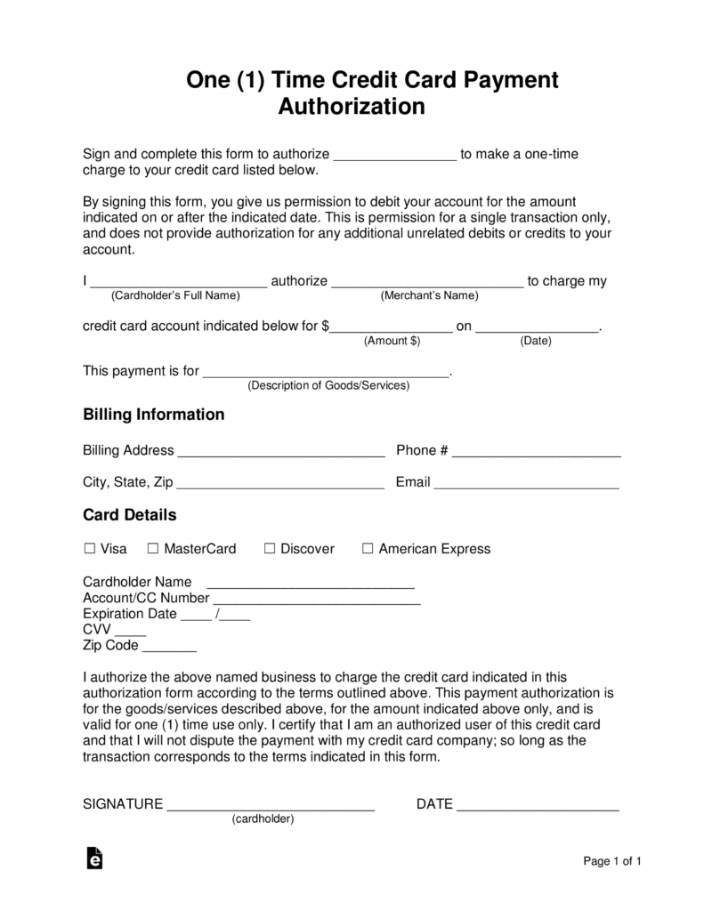 Free One 1 Time Credit Card Payment Authorization Form Pdf Word Eforms 3144