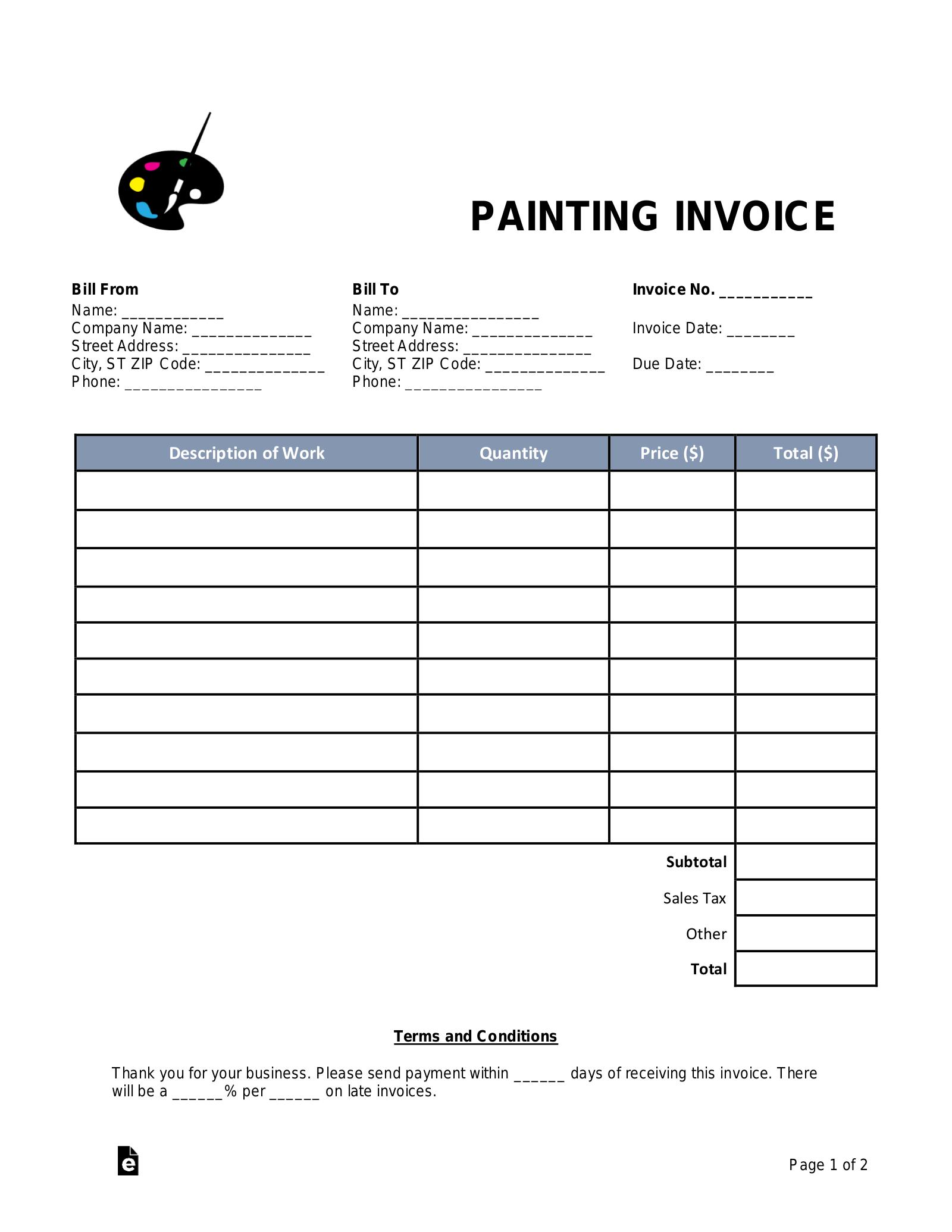 Free Painting Invoice Template PDF Word EForms   Painting Invoice Template 