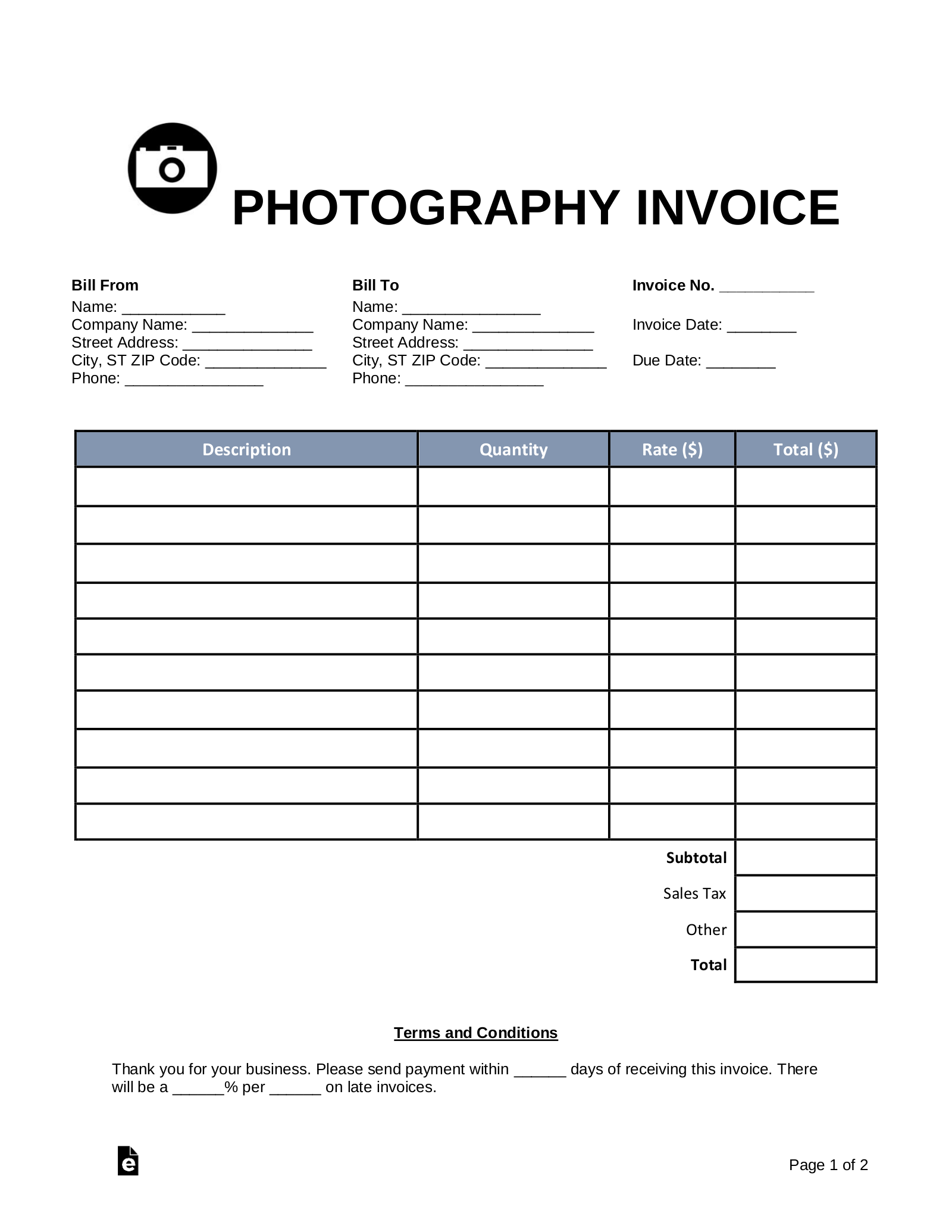 Photography Service Invoice Template MS Excel Templates