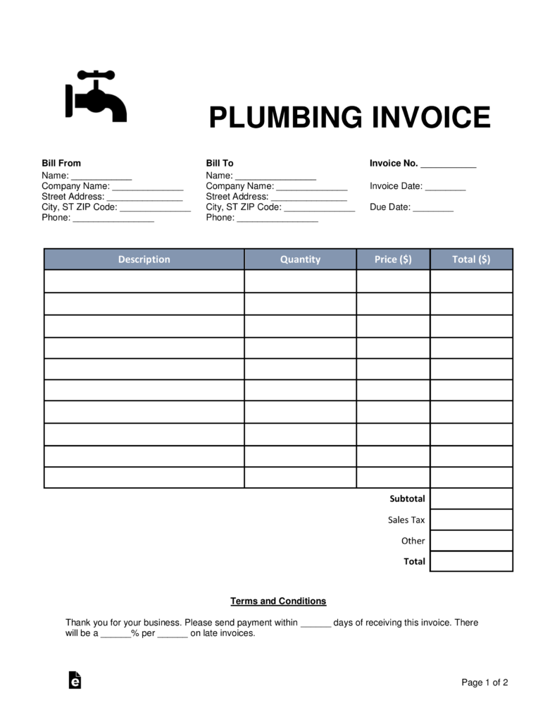Free Plumbing Invoice Template Word PDF eForms