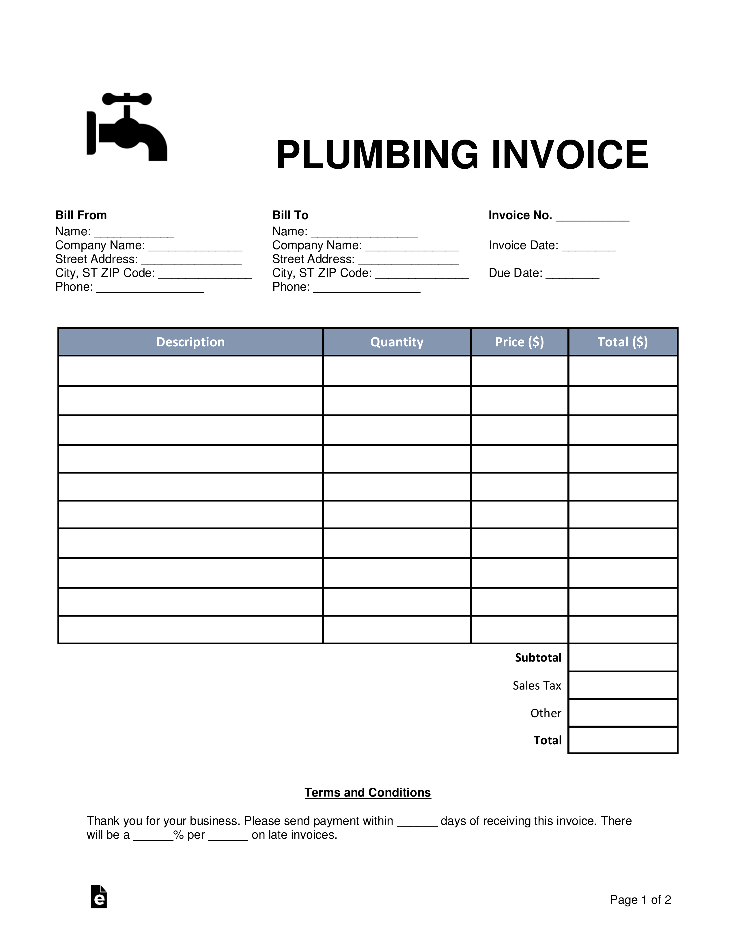 Free Plumbing Invoice Template - Word | PDF – eForms