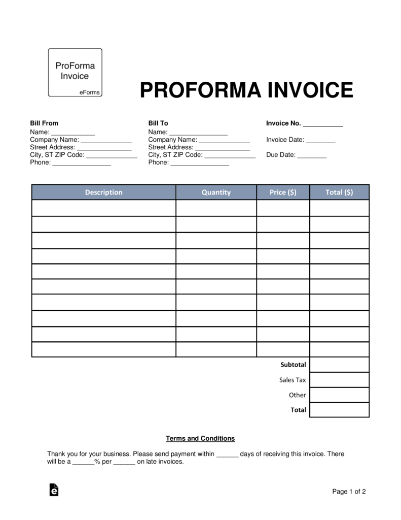 free proforma invoice template word pdf eforms
