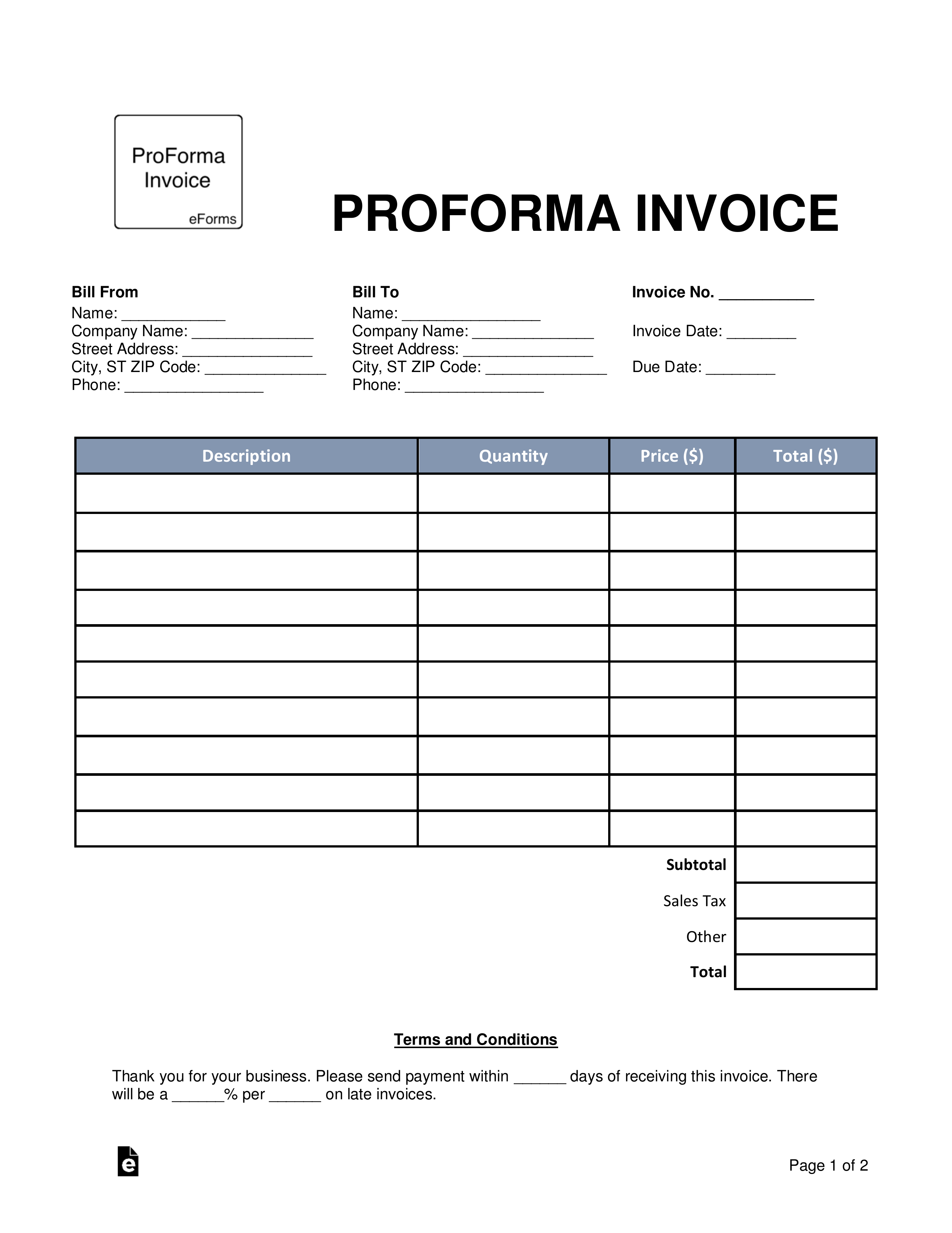 Free ProForma Invoice Template - Word  PDF – eForms Intended For Free Printable Invoice Template Microsoft Word