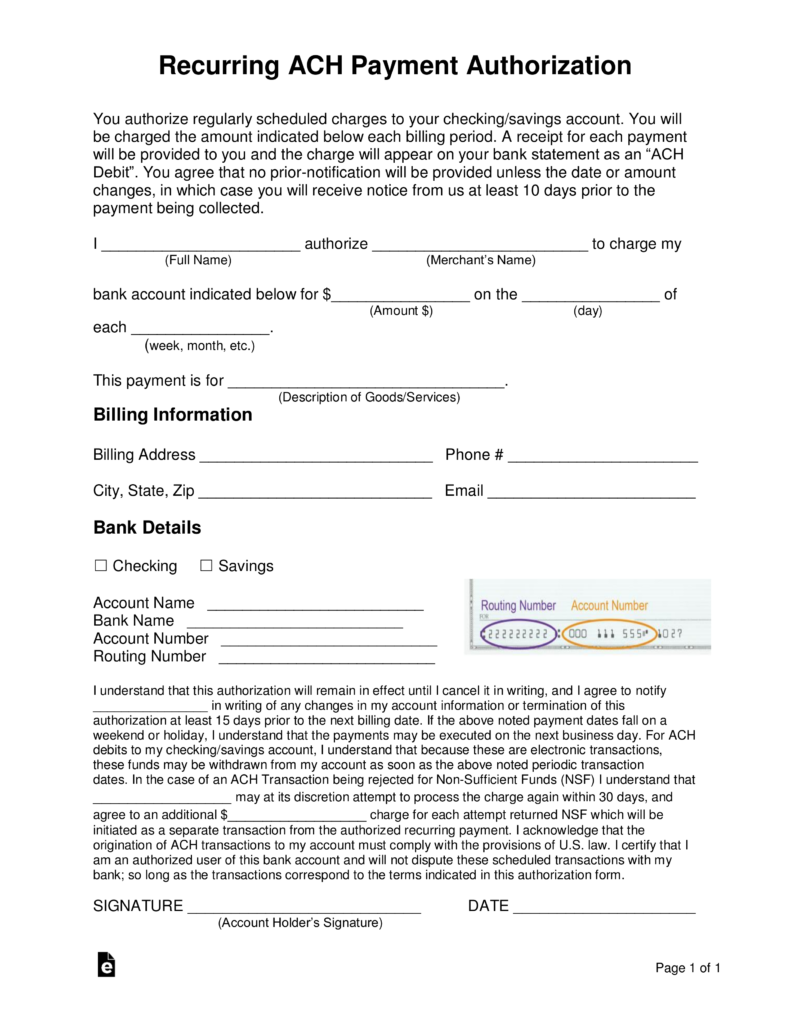 Free Recurring ACH Payment Authorization Form PDF Word eForms