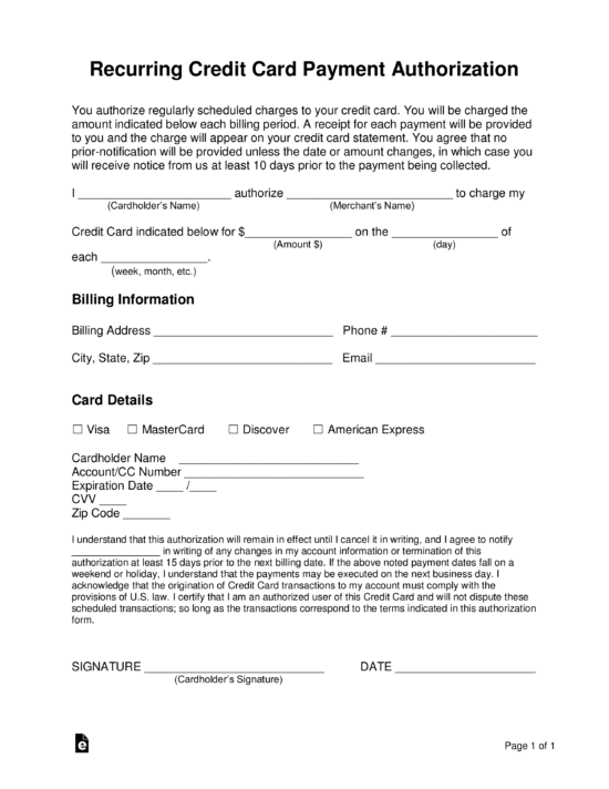 Free Recurring Credit Card Authorization Form Pdf Word Eforms 0648