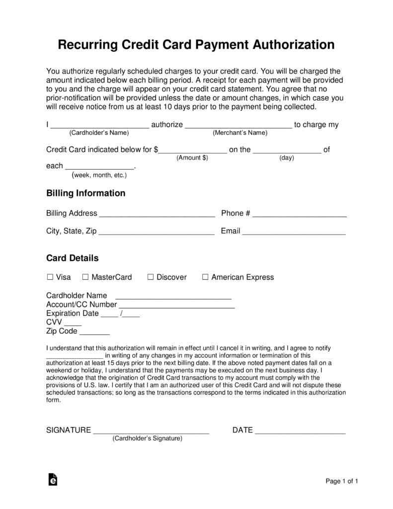 card pdf debit form Credit  Recurring  Form Word Authorization Free Card PDF