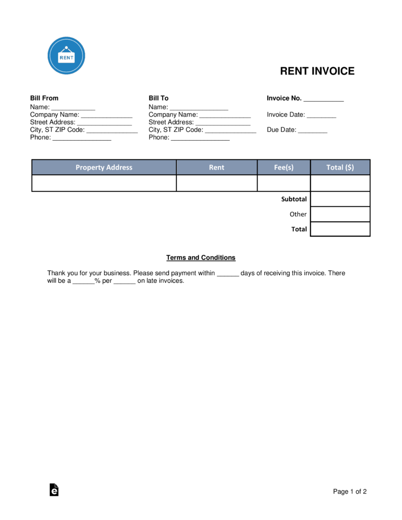 Free Rental Monthly Rent Invoice Template Word PDF EForms