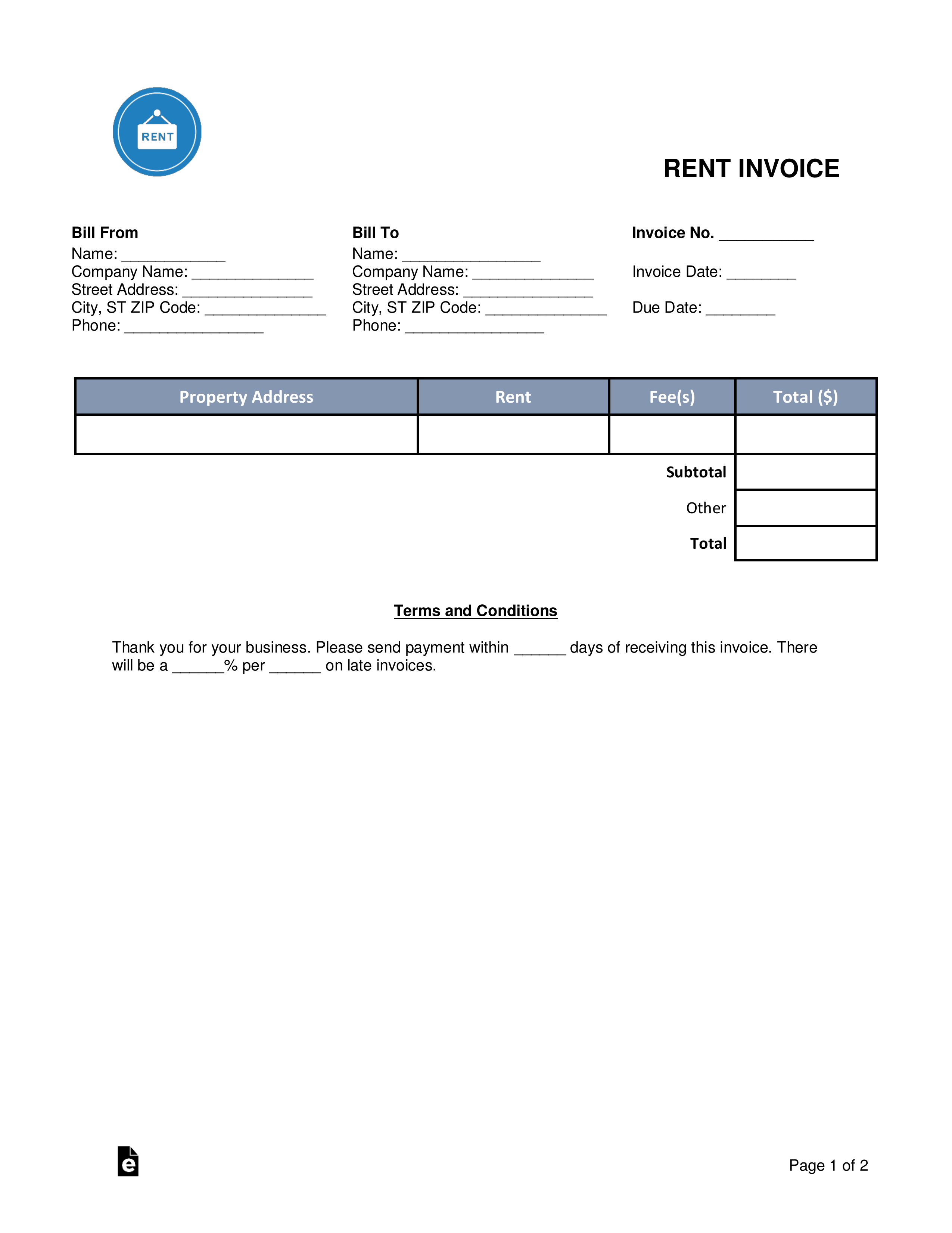 Rental (Monthly Rent) Invoice Template