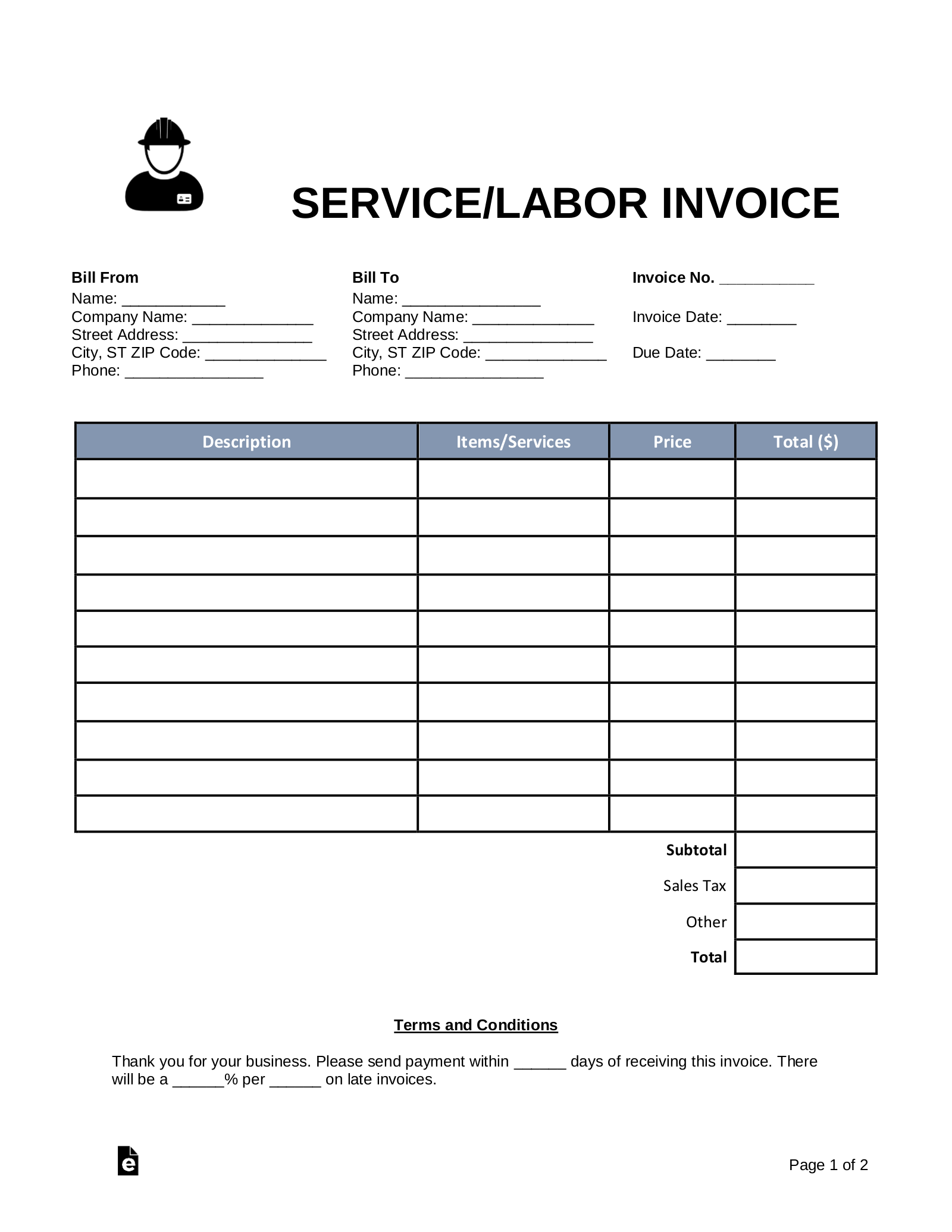 Free Service Labor Invoice Template Word Pdf Eforms