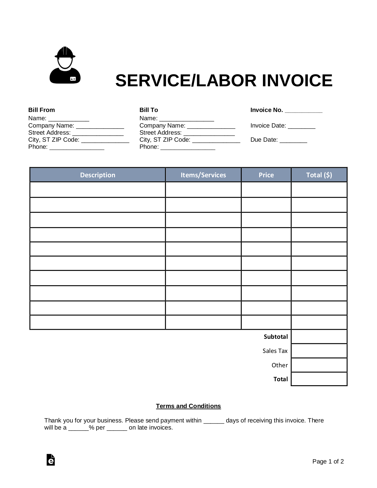 Free Service/Labor Invoice Template PDF Word eForms