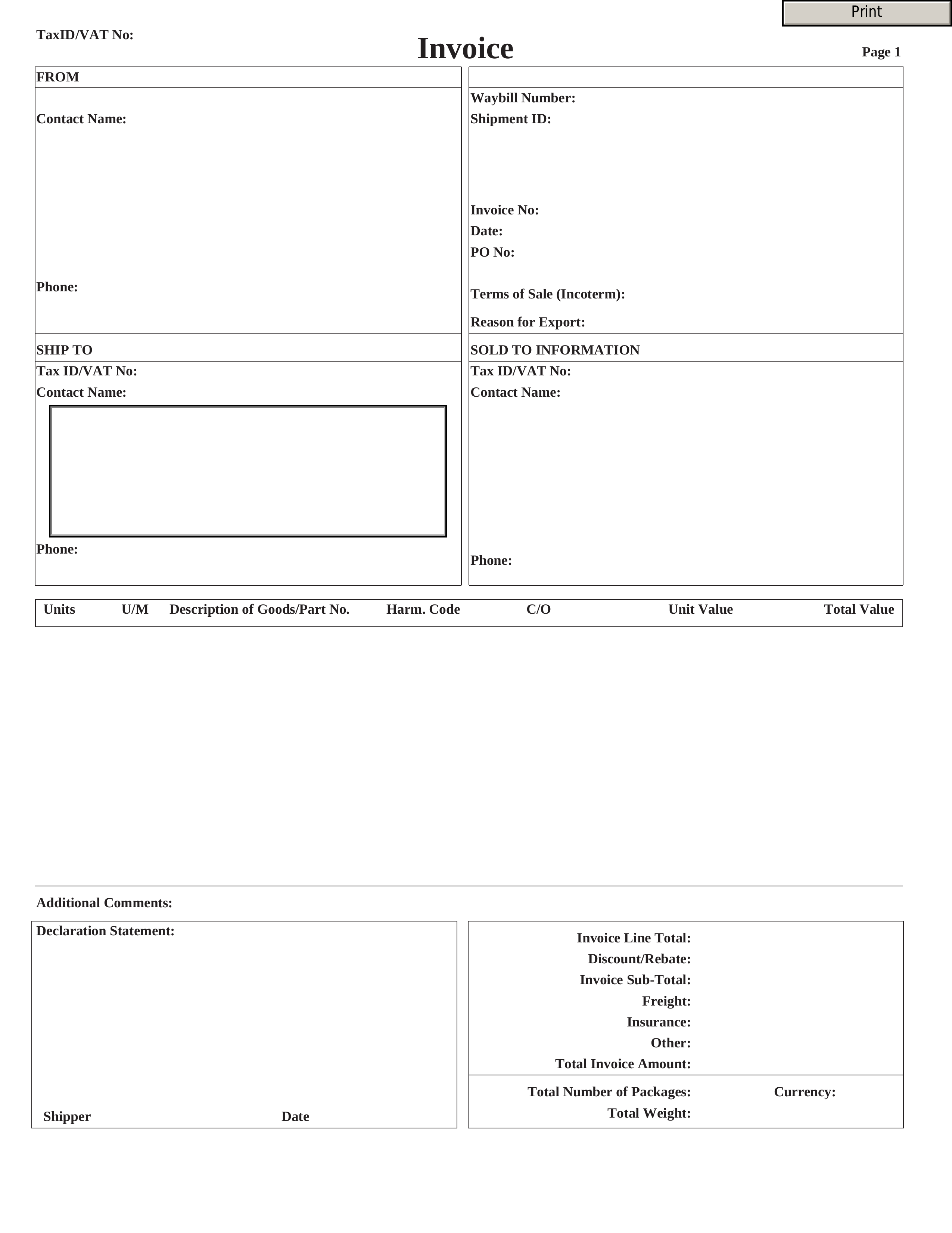 customs commercial invoice template