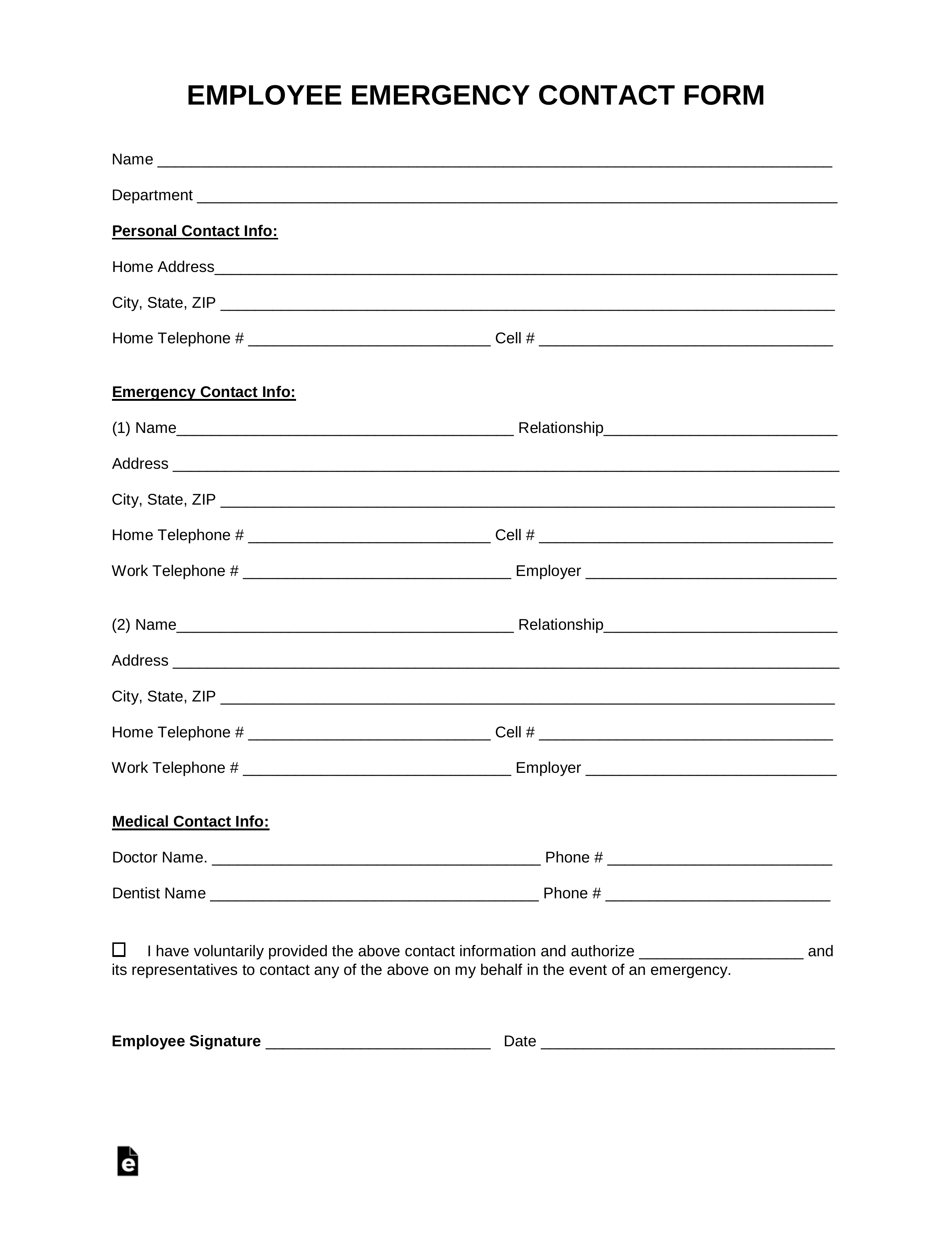 Printable Employee Emergency Contact Form Template Printable Forms Free Online
