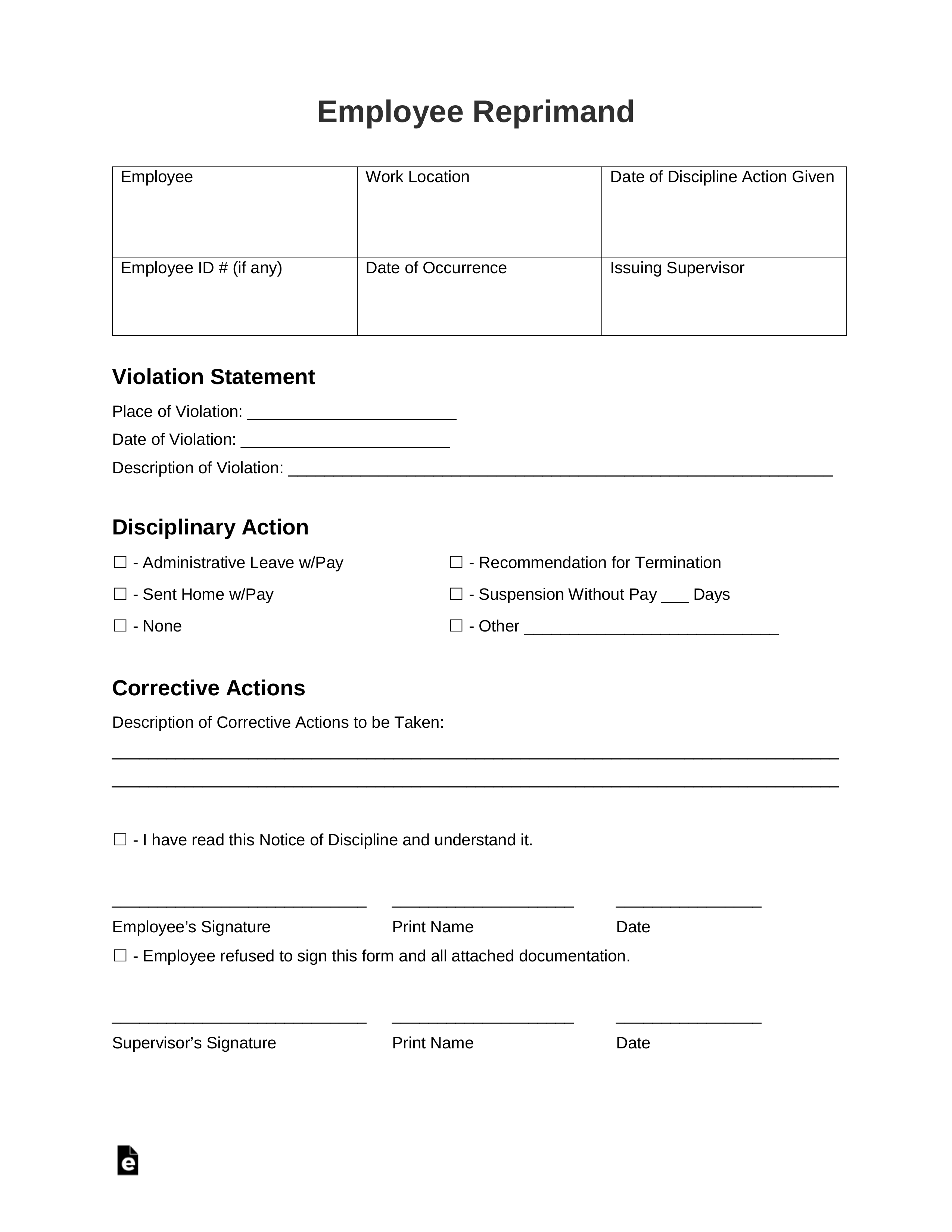 Free Employee Reprimand Form PDF Word EForms