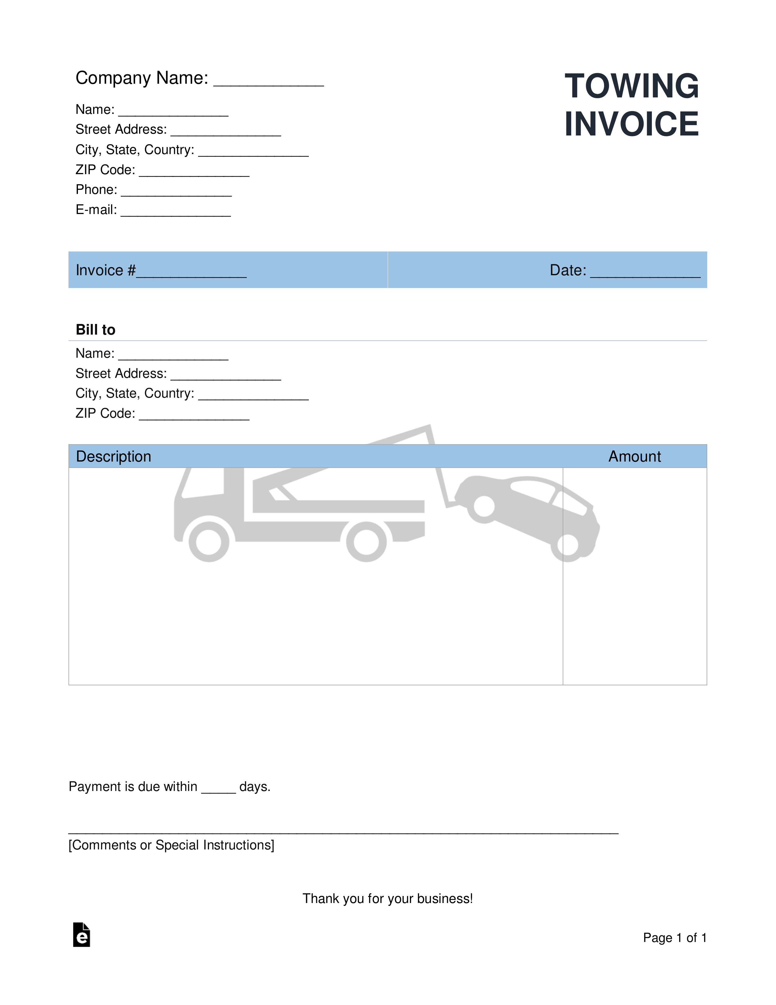 Free Towing Company Invoice Template PDF Word eForms Free