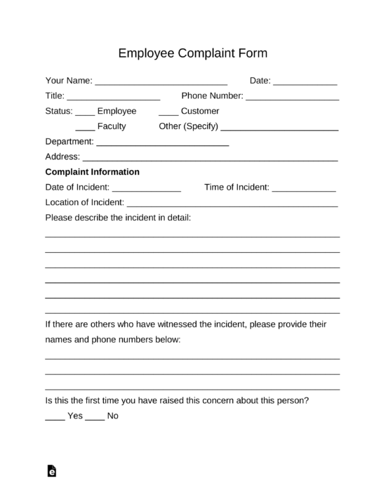 Free Employee Complaint Form PDF Word eForms