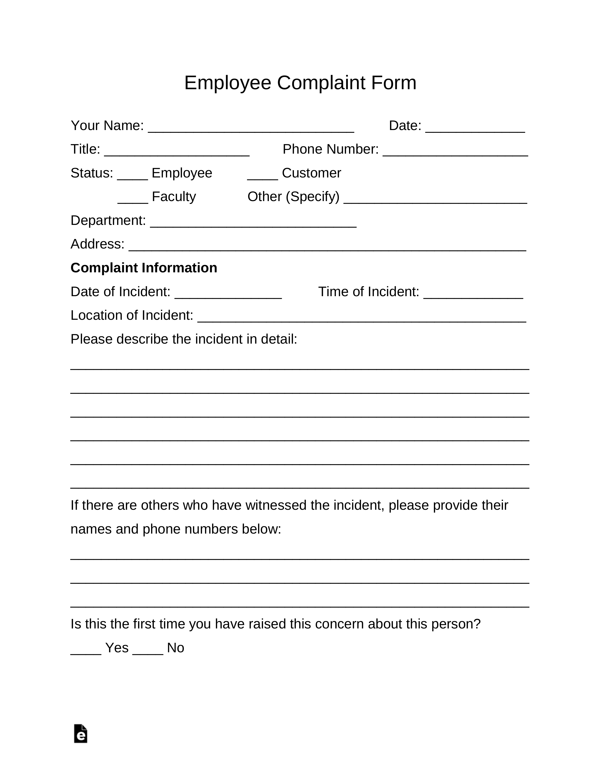 Free Employee Complaint Form PDF Word EForms