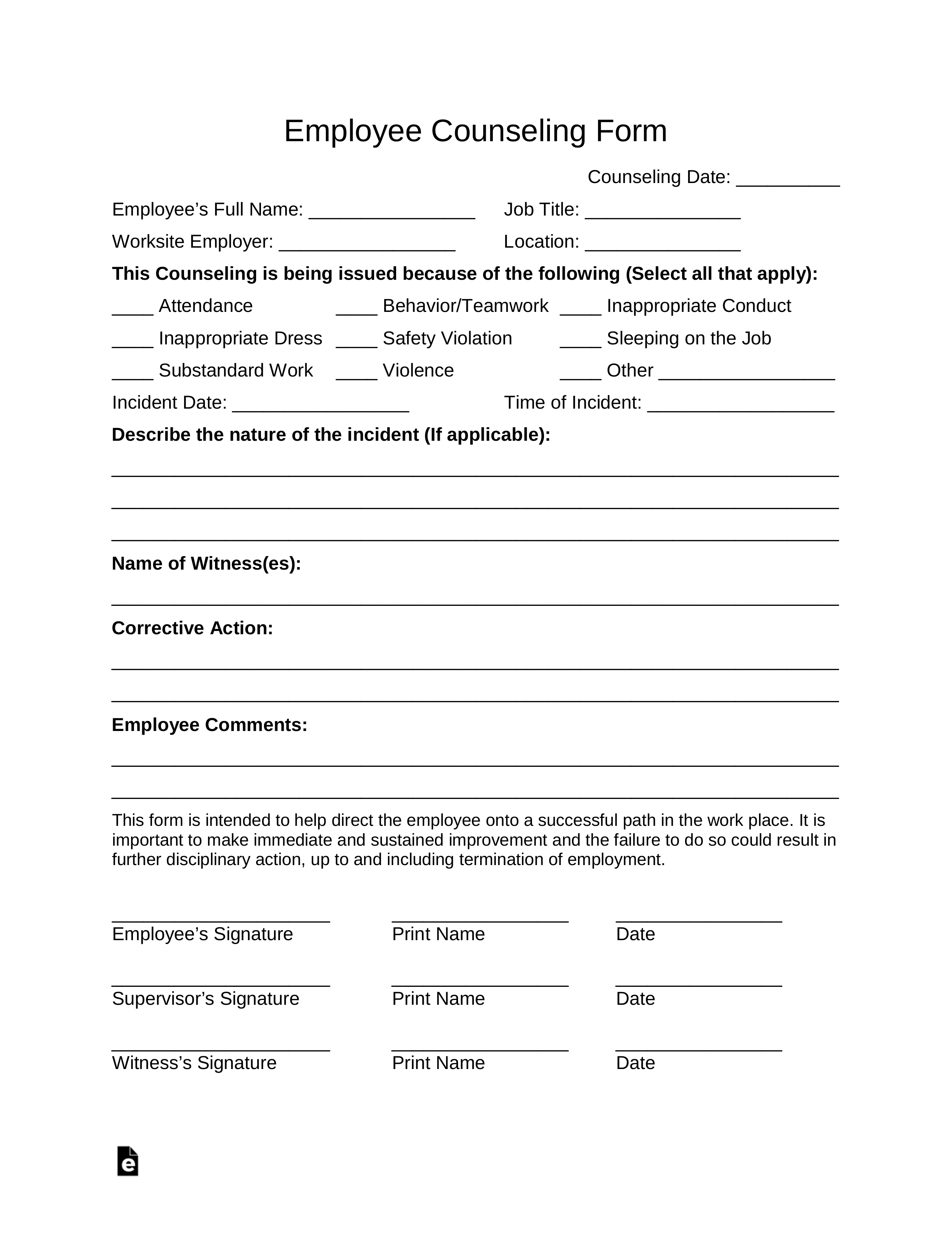 Free Employee Counseling Form Pdf Word Eforms