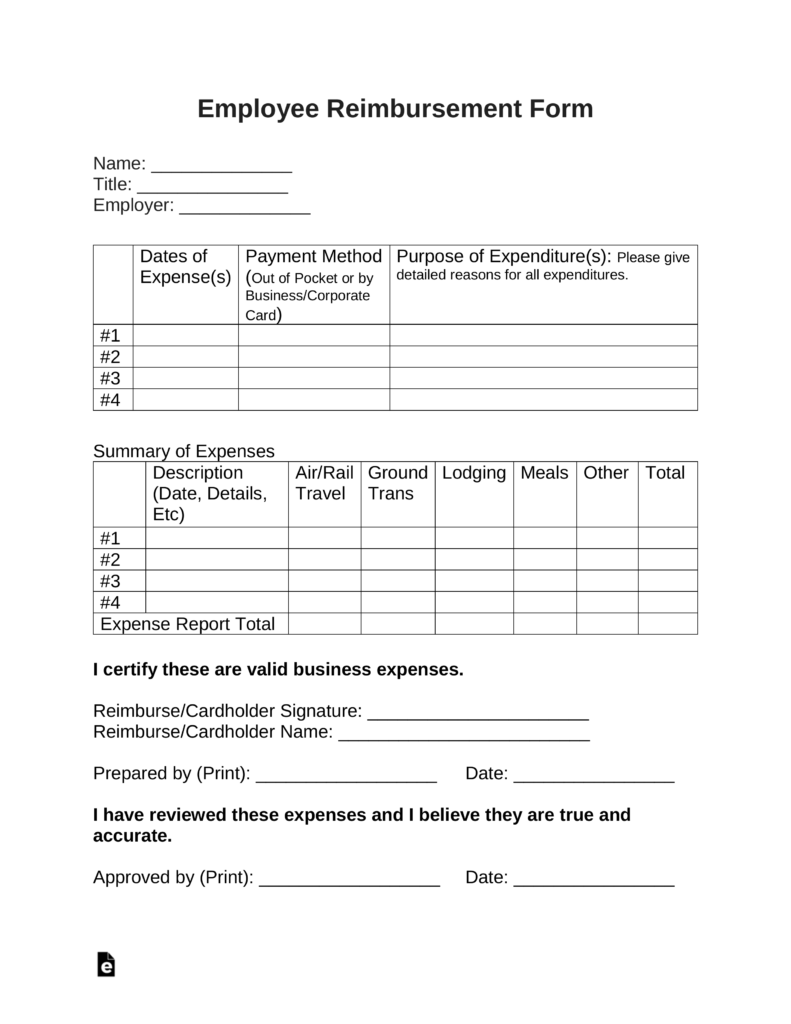 Free Employee Reimbursement Form PDF Word EForms