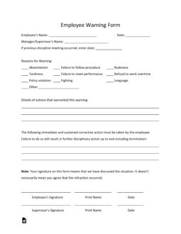 printable employee warning form