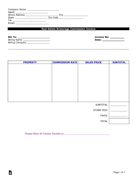 Free Real Estate Agent (Commission) Invoice Template PDF Word eForms