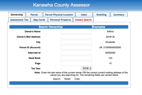 kanawha county assessor ownership search page