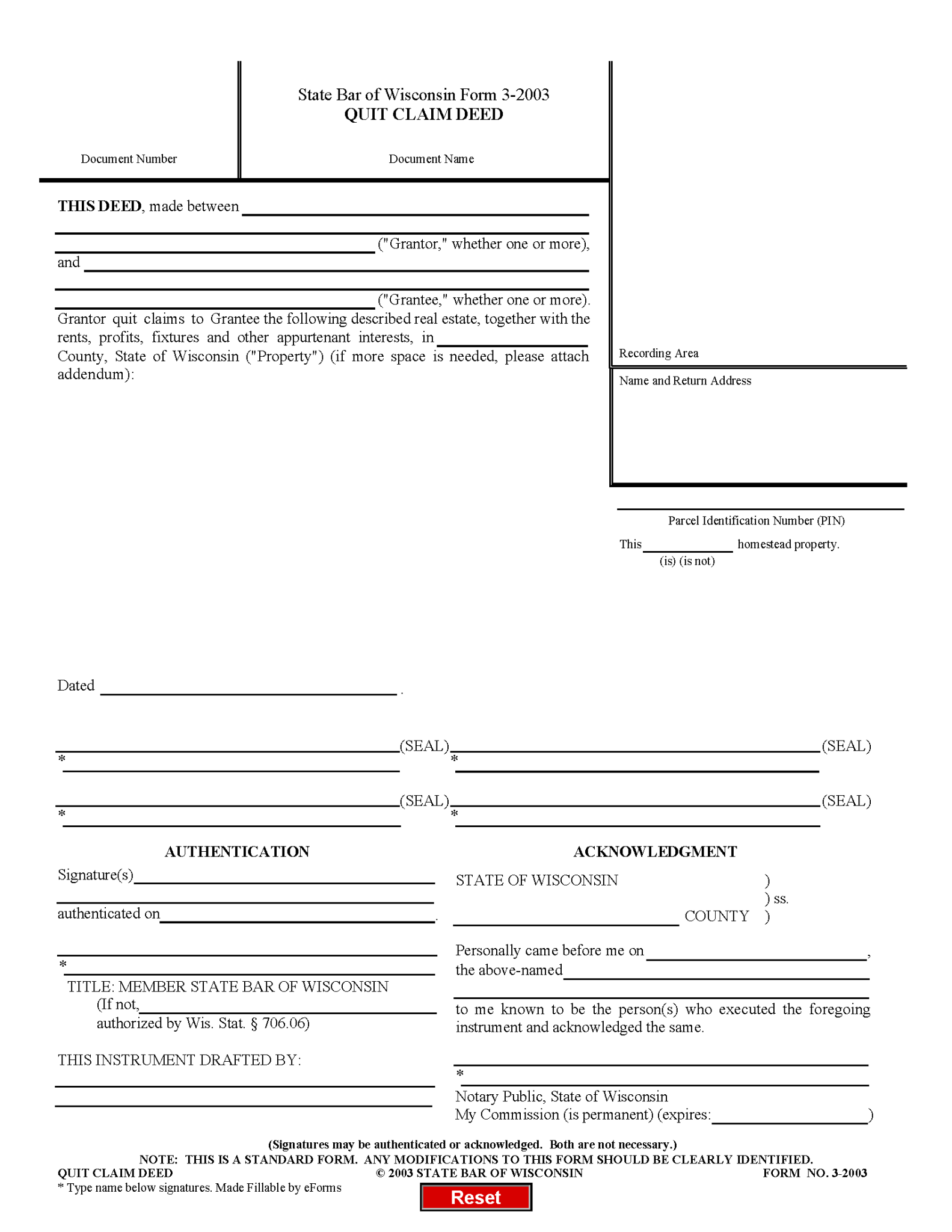 Free Wisconsin Quit Claim Deed Form 