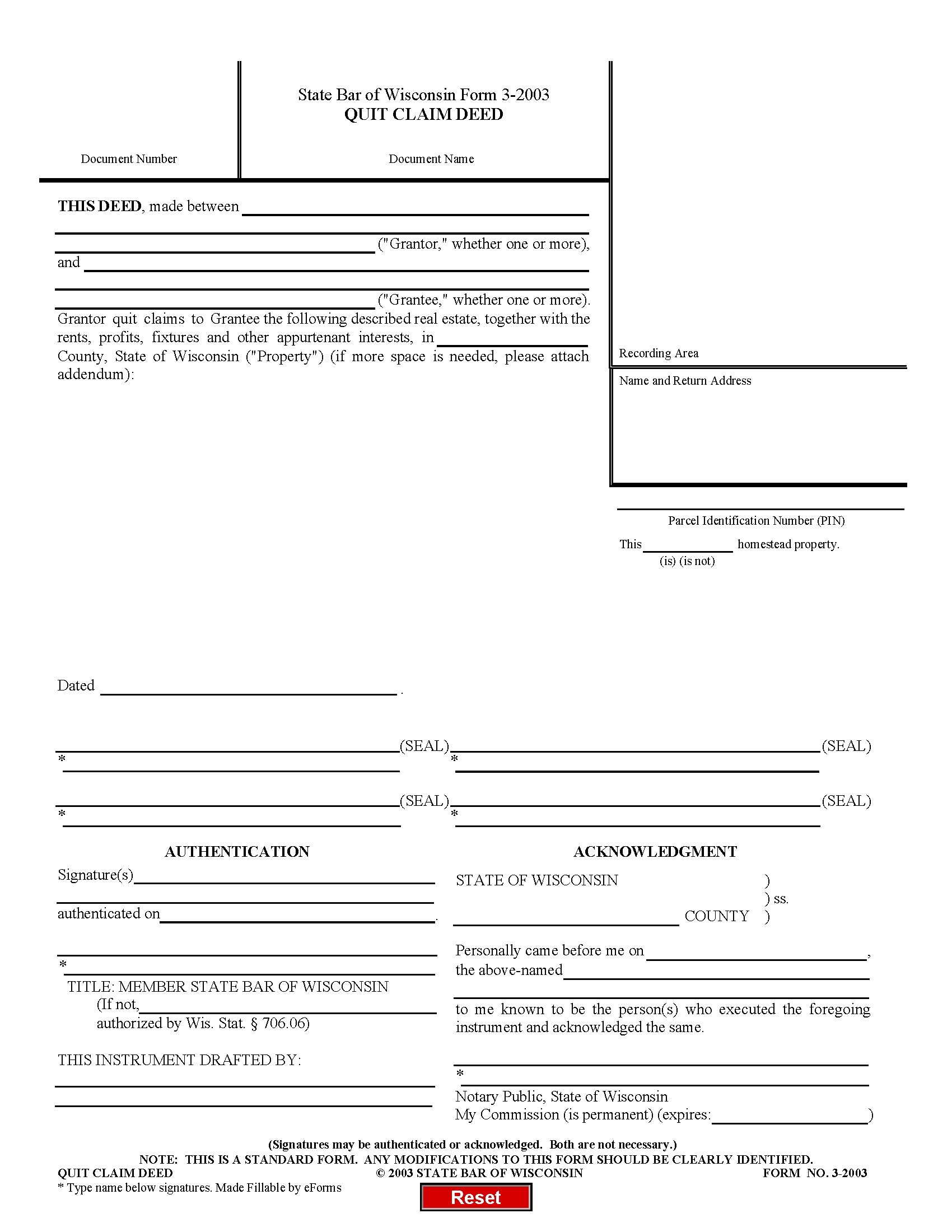 Wisconsin Quit Claim Deed Form Bar Version Form 3 2003 EForms