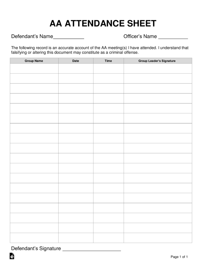 Alcoholics Anonymous Aa Sign In Attendance Sheet Template Eforms
