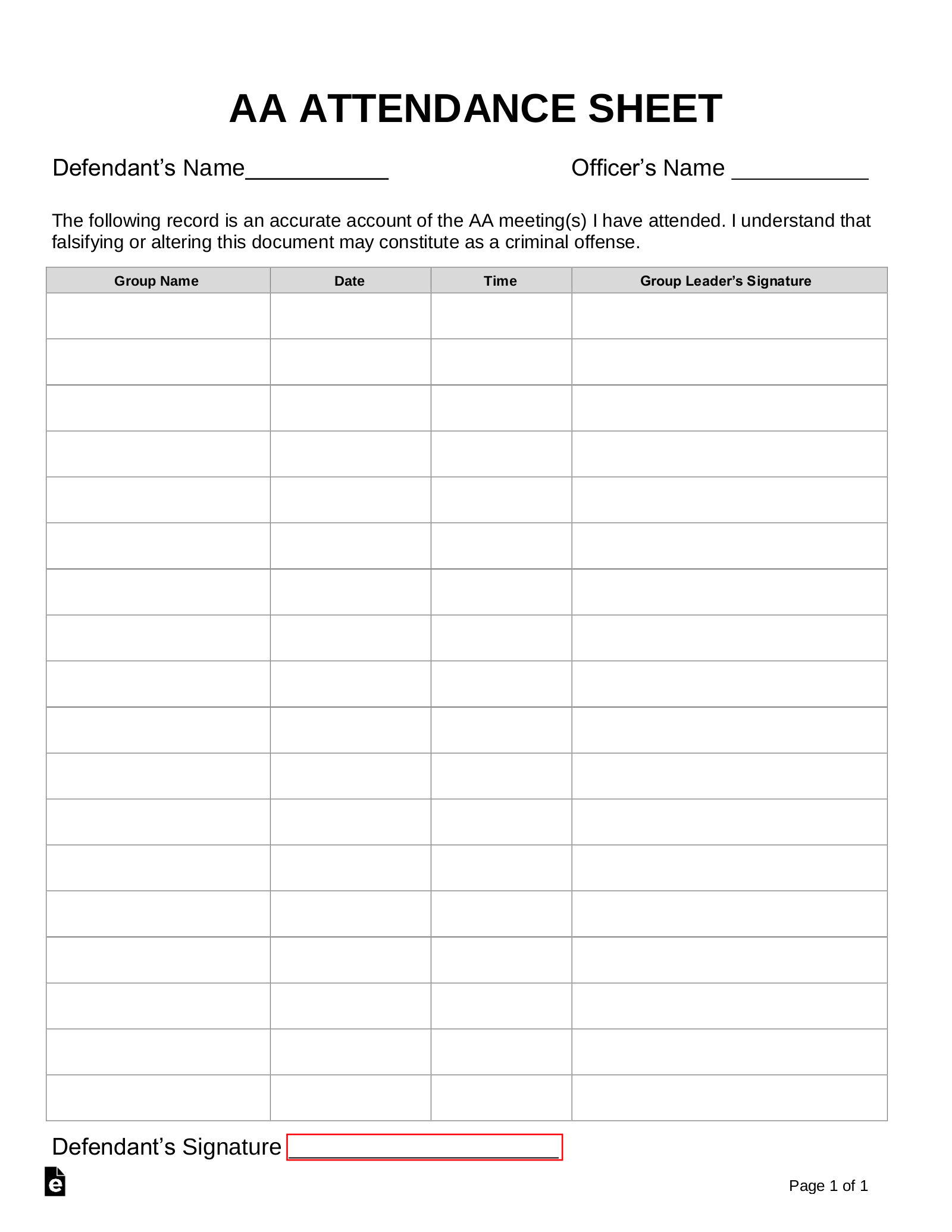 Alcoholics Anonymous (AA) Sign-in/Attendance Sheet Template