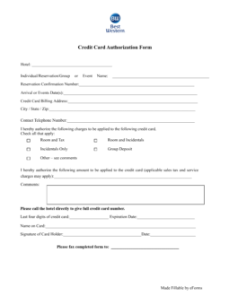 Best Western Hotel Credit Card Authorization Form