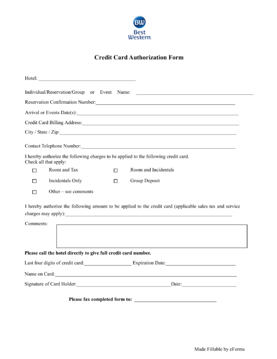 Free Best Western Hotel Credit Card Authorization Form ...