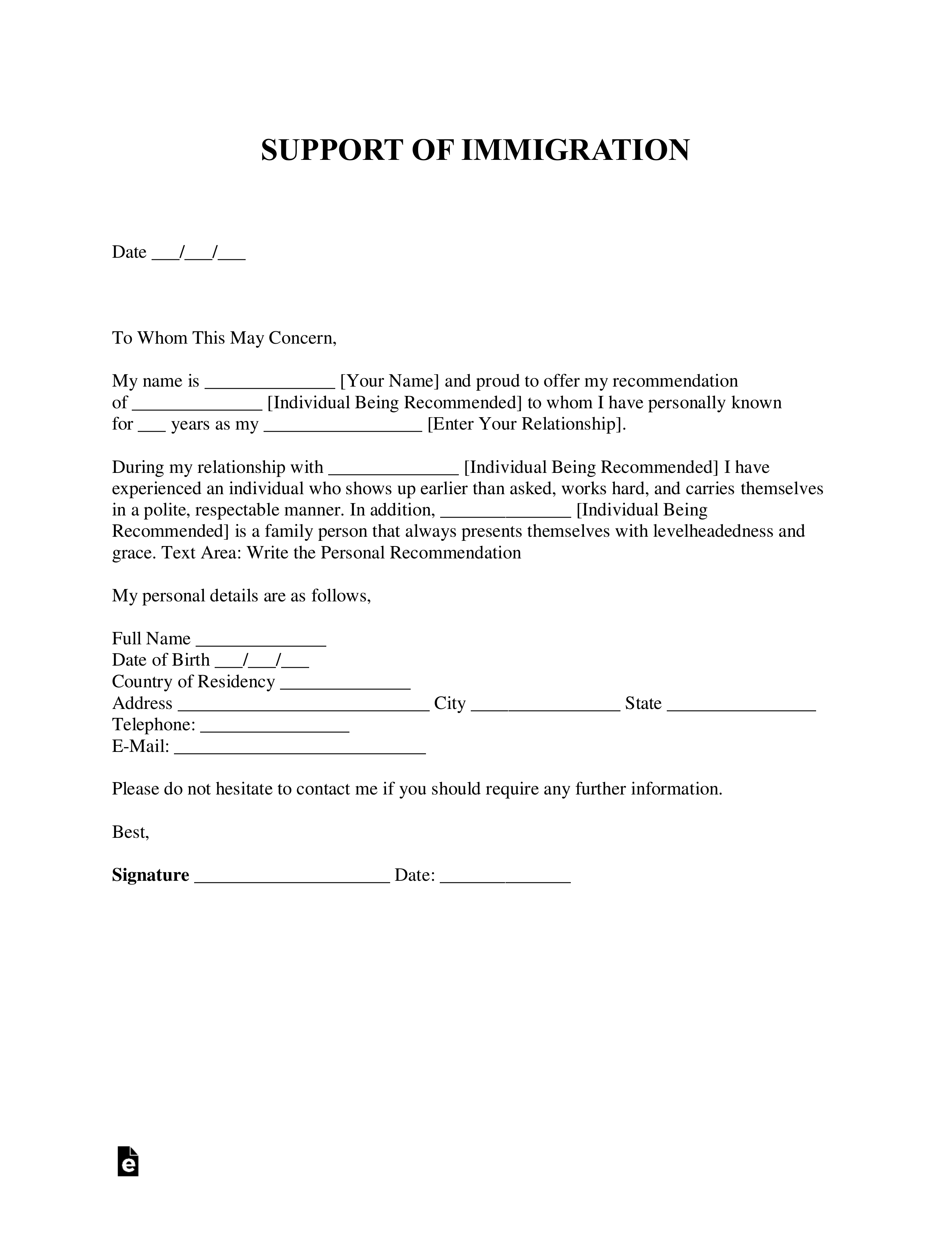 Sample Of Supporting Letter For Immigration from eforms.com