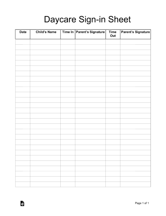 Free Daycare Sign in Sheet Template PDF Word eForms